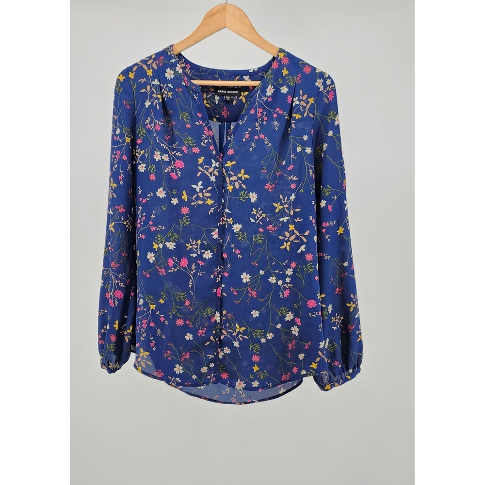 Paris Sunday Blue Floral Long Sleeve Split V-Neck Blouse Medium